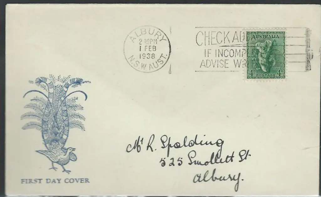 1938 (1st Feb) 4d Koala on Kufner Lyrebird generic ... Image 1++