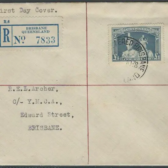 1938 (1st Nov) £1 Robes on thick paper on Brisbane ...