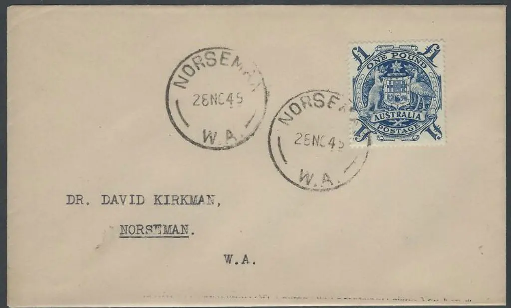 1949 (28th Nov) £1 Arms FDC with Norseman WA cds & ... Image 1++