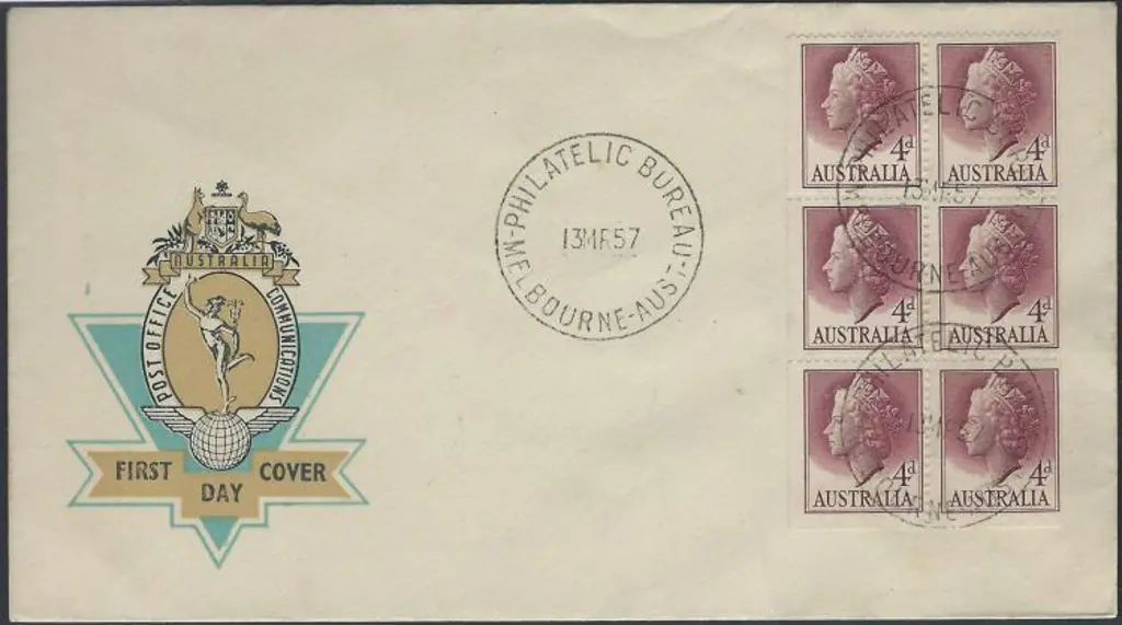 1957 (13th Mar) 4d claret full booklet pane of 6 ... Image 1++