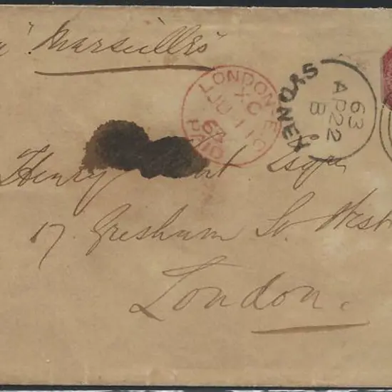 1863 Sydney to London via Marseilles env franked ...