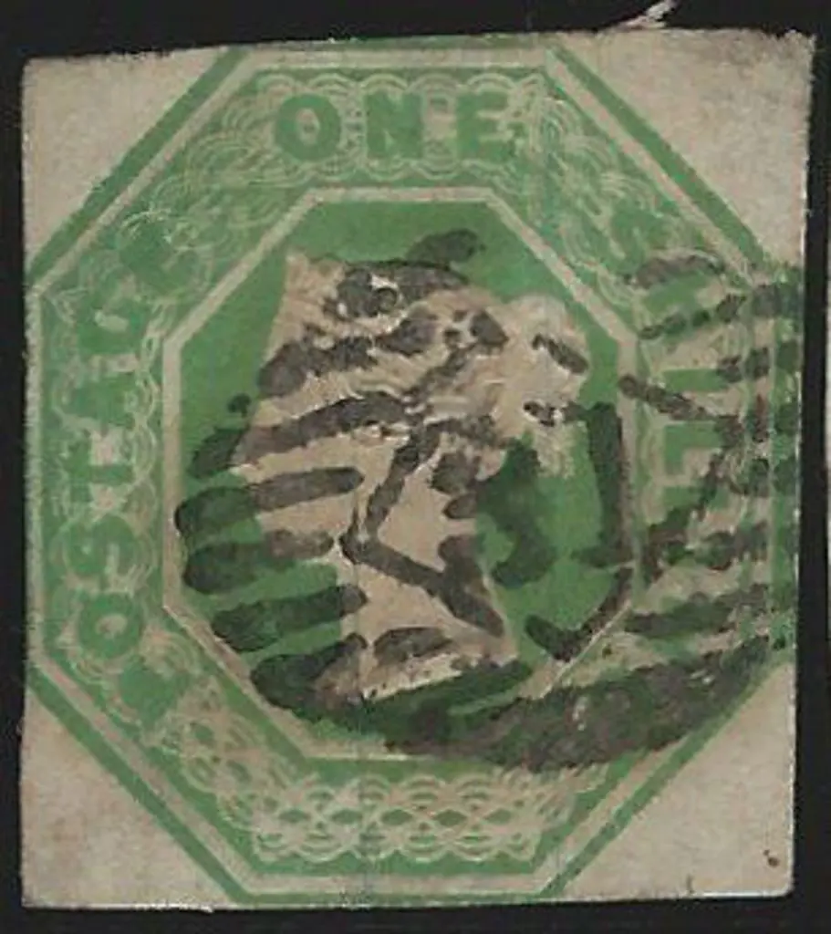 1847/54 1/- green QV embossed with neat "31" BN ... Image 1++