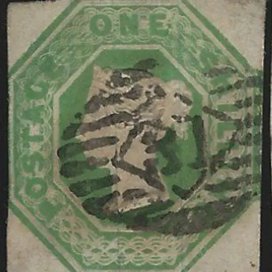1847/54 1/- green QV embossed with neat "31" BN ...