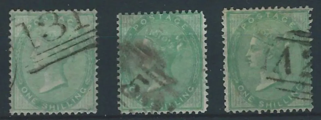 1855/57 1/- green QV in the 3 catalogued shades. ... Image 1++