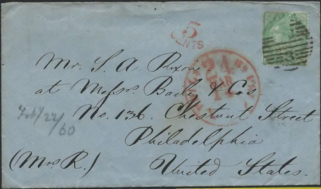 1860 (March) USA destined env with 1856 1/- pale ... Image 1++