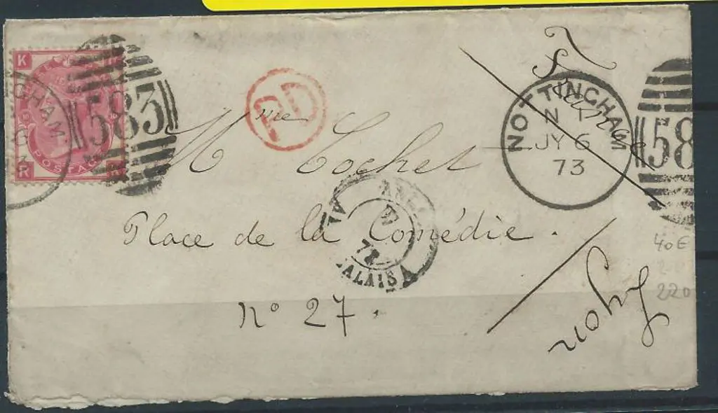 1873 (6th July) Nottingham to Lyon env franked ... Image 1++