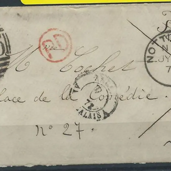 1873 (6th July) Nottingham to Lyon env franked ...
