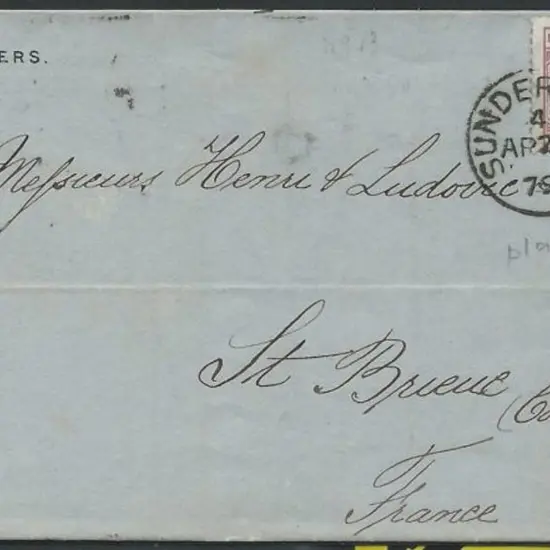 1879 (26th Apr) Sunderland to France printed env ...
