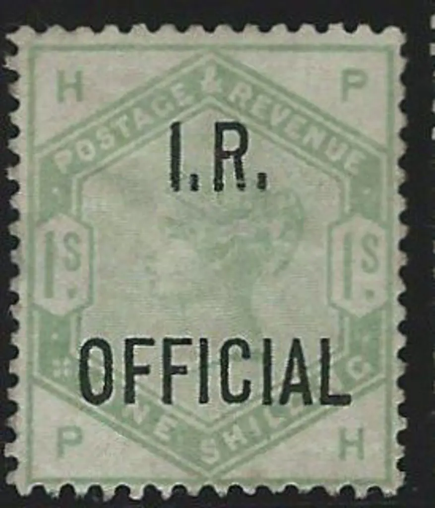 1885 1/- dull green ovptd "I.R. OFFICIAL" Type O1. ... Image 1++