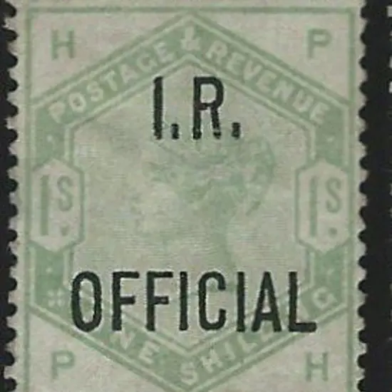 1885 1/- dull green ovptd "I.R. OFFICIAL" Type O1. ...