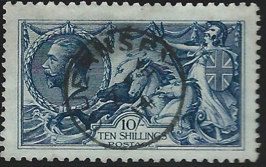 1913 10/- indigo blue Seahorse by Waterlow. Crisp ... Image 1++