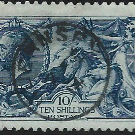 1913 10/- indigo blue Seahorse by Waterlow. Crisp ...