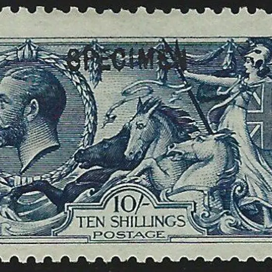 1913 10/- indigo blue Seahorse Waterlow printing, ...