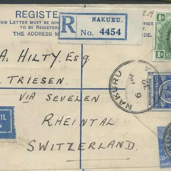 KUT 1932 (6th May) 50c blue KGV Registered printed ...