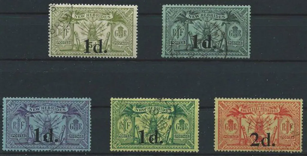 New Hebrides 1920/21 1d x 4 & 2d surcharges F/U ... Image 1++