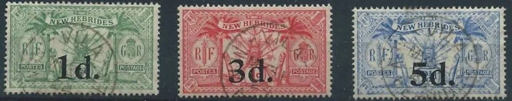 New Hebrides 1924 1d, 3d & 5d surcharges all F/U. ... Image 1++