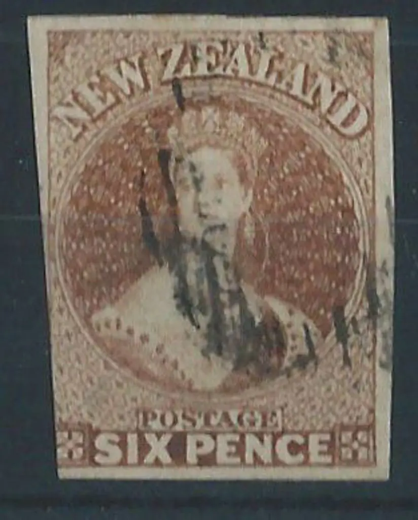 New Zealand 1857/63 6d brown imperf used with ... Image 1++