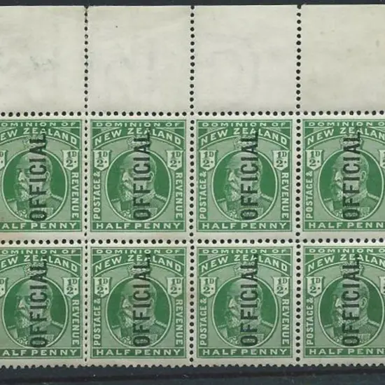 New Zealand 1910 ½d KEVII Official block of 11 (6 ...