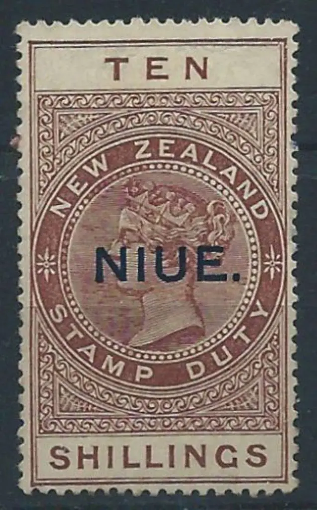 New Zealand-Niue 1918/29 10/- maroon postal fiscal ... Image 1++