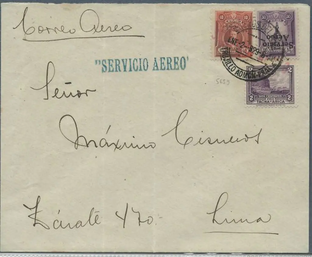 Peru 1929 airmail cover to Lima bearing 50¢ ... Image 1++