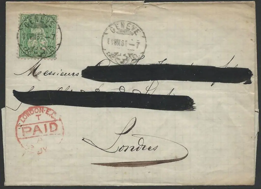 Switzerland 1881 entire Geneva to London with 25¢ ... Image 1++