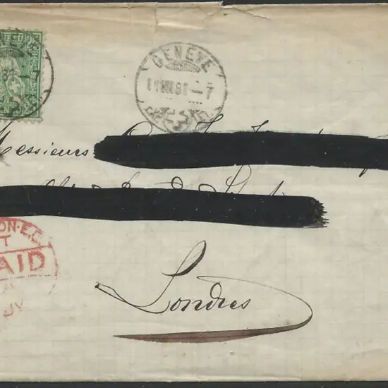 Switzerland 1881 entire Geneva to London with 25¢ ...