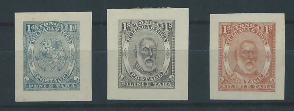 Tonga 1892 1d Arms & 1/- KGI in red brown & black ... Image 1++