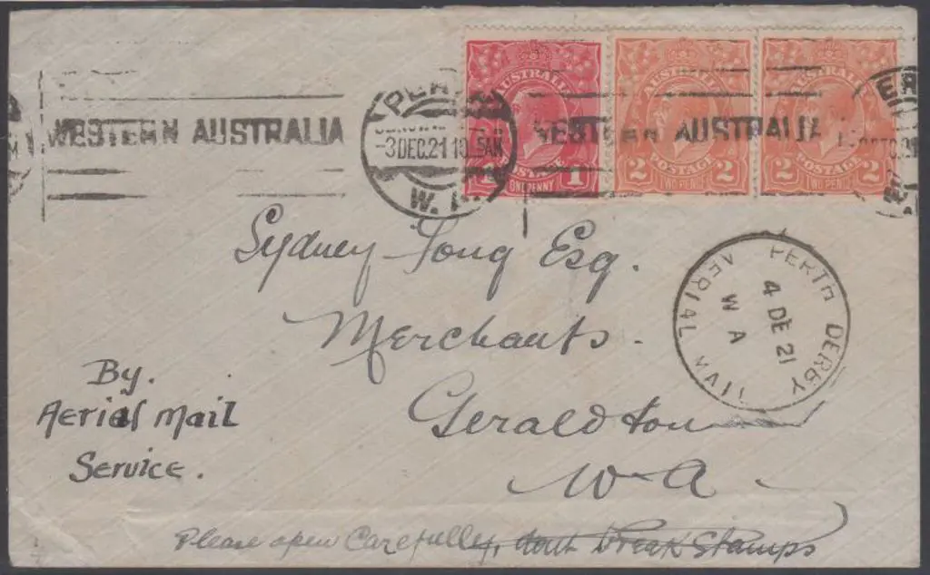 1921 (4th Dec) Perth to Geraldton flown cover by ... Image 1++