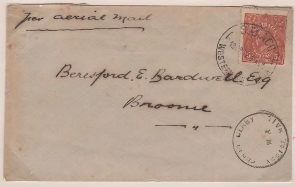 1921 (13th Dec) Perth to Broome flown cover by ... Image 1++