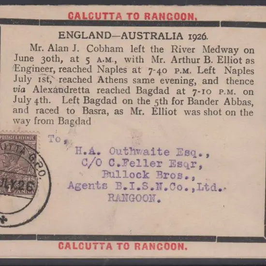 1926 (30th June) Calcutta to Rangoon Cobham ...