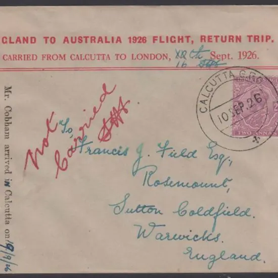 1926 (30th June) Calcutta to London Cobham ...