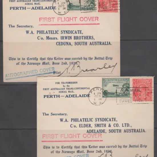1929 2nd June) Perth to Adelaide covers both ...