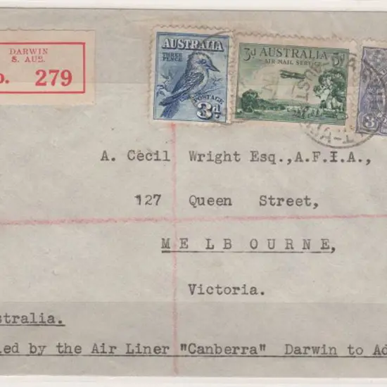 1929 (20th June) Darwin to Adelaide Reg cover ...