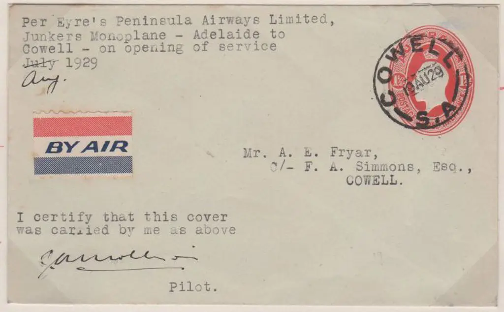 1929 (19th Aug) ditto but Adelaide to Cowell leg ... Image 1++