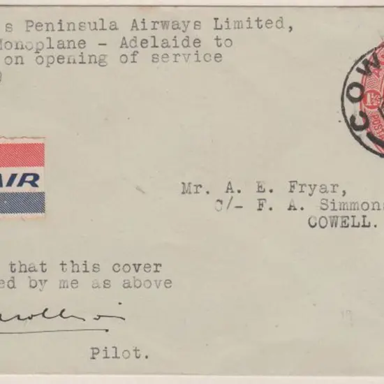 1929 (19th Aug) ditto but Adelaide to Cowell leg ...