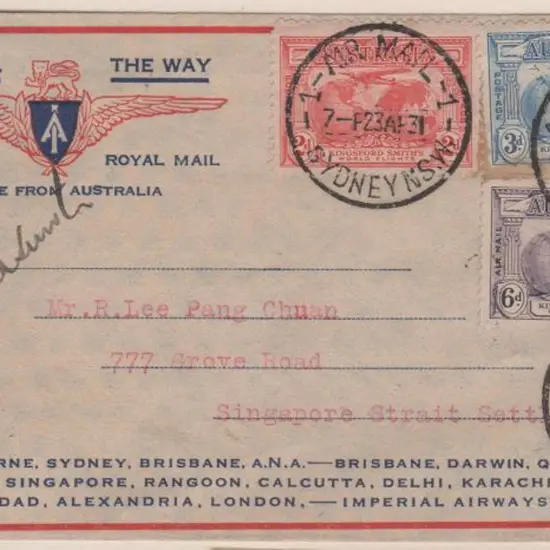 1931 (23rd April) Sydney to Singapore intermediate ...