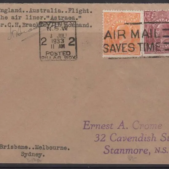 1933 (29th May) Brisbane to Melbourne to Sydney ...