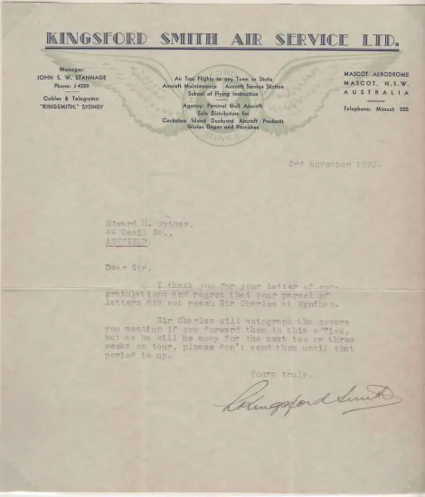 1933 (3rd Nov) Original letter on Kingsford Smith ... Image 1++