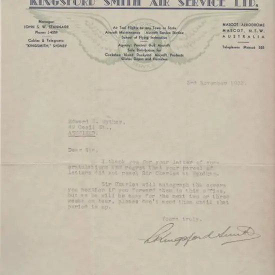 1933 (3rd Nov) Original letter on Kingsford Smith ...