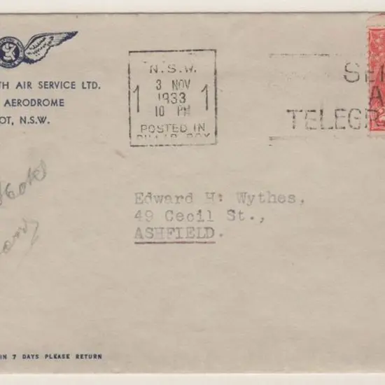 1933 (3rd Nov) Kingsford Smith Air Service Ltd, ...