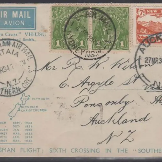 1934 (29th March) ditto but NZ 7d Airmail tied by ...
