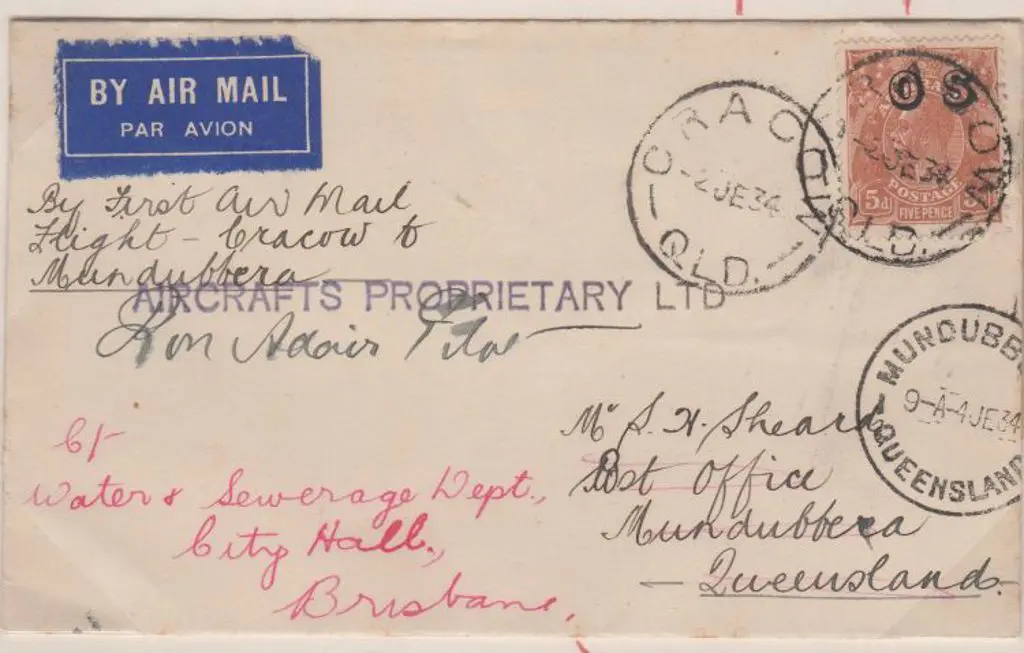 1934 (2nd June) Cracow to Mundubbera intermediate ... Image 1++