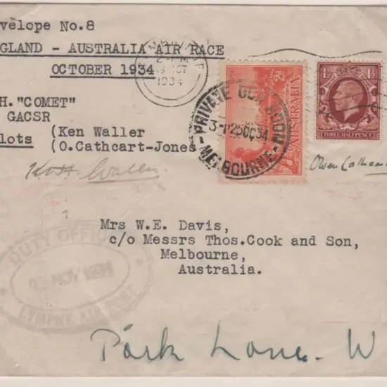 1934 (20th Oct) MacRobertson Air Race - Ken Waller ...