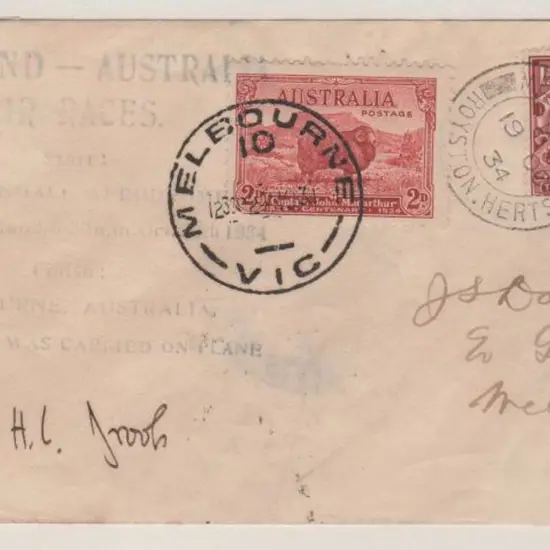 1934 (20th Oct) MacRobertson Air Race - HL Brook & ...