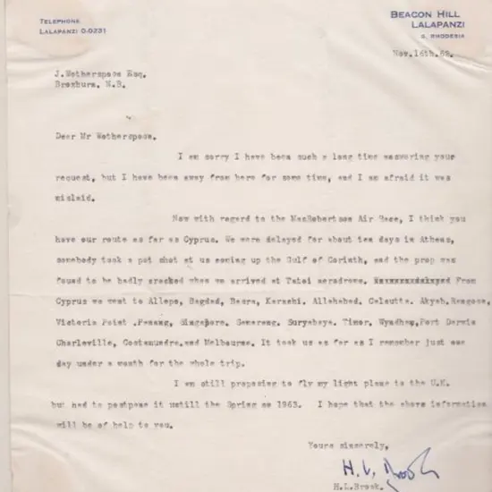 1963 (16th Nov) Original typed letter from HL ...