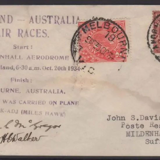 1934 (20th Oct) MacRobertson Air Race - N McGregor ...
