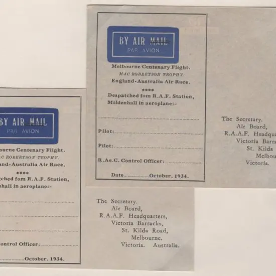 1934 (20th Oct) MacRobertson Air Race blank ...