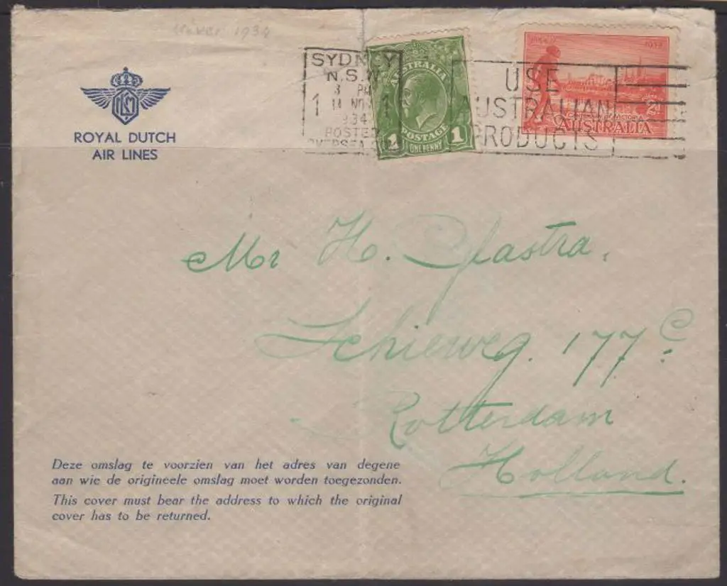 1934 (2d Nov) Australia to Holland Royal Dutch Air ... Image 1++