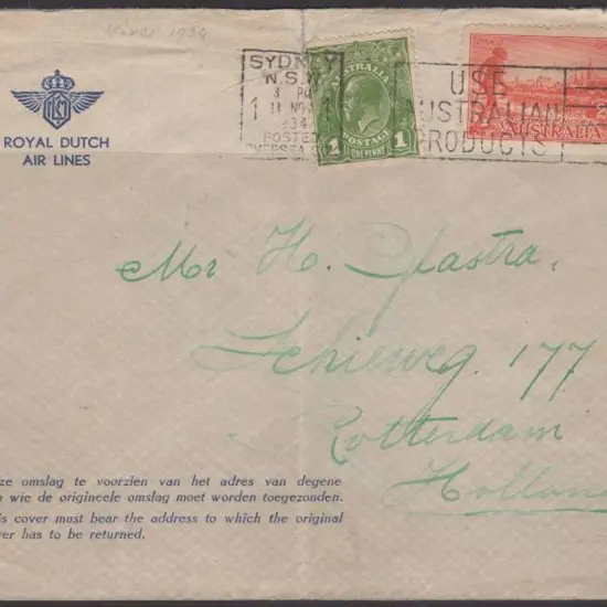 1934 (2d Nov) Australia to Holland Royal Dutch Air ...
