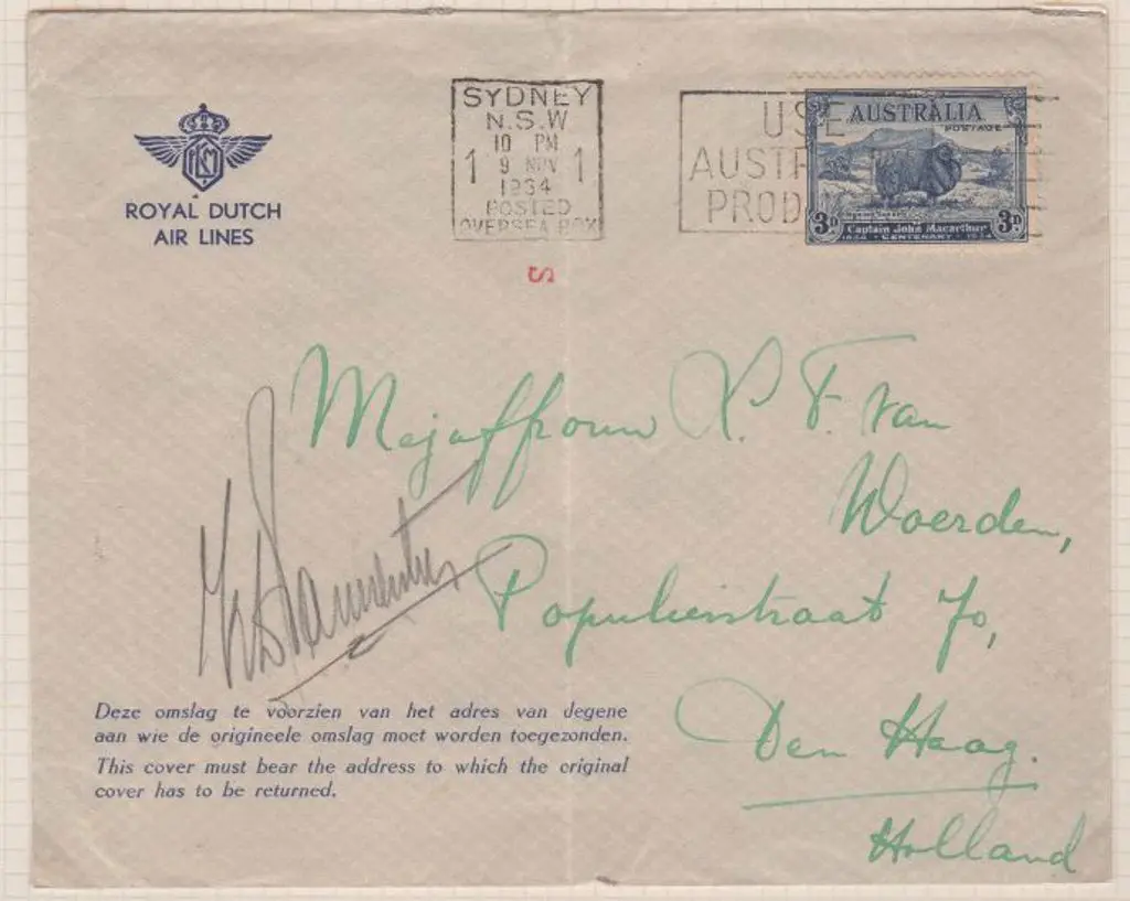 1934 (9th Nov) Australia to Holland outer envelope ... Image 1++